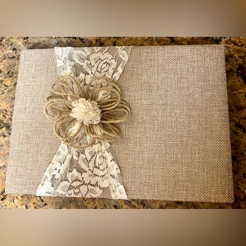 Wedding Decor Guest Book Tan with Lace and a Flower Design w/ Gold Trim Pages